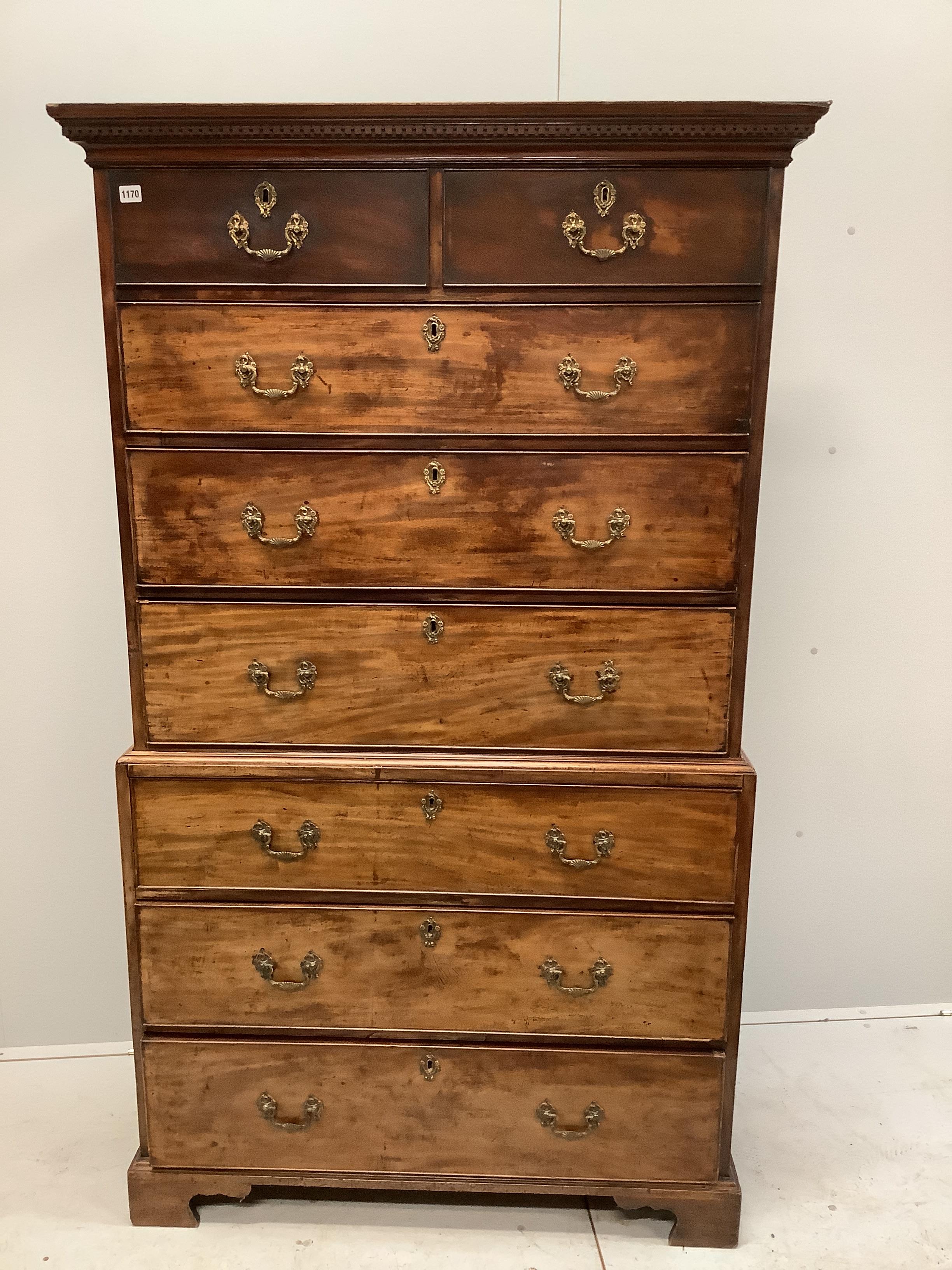 A George III mahogany chest on chest, width 108cm, depth 52cm, height 186cm